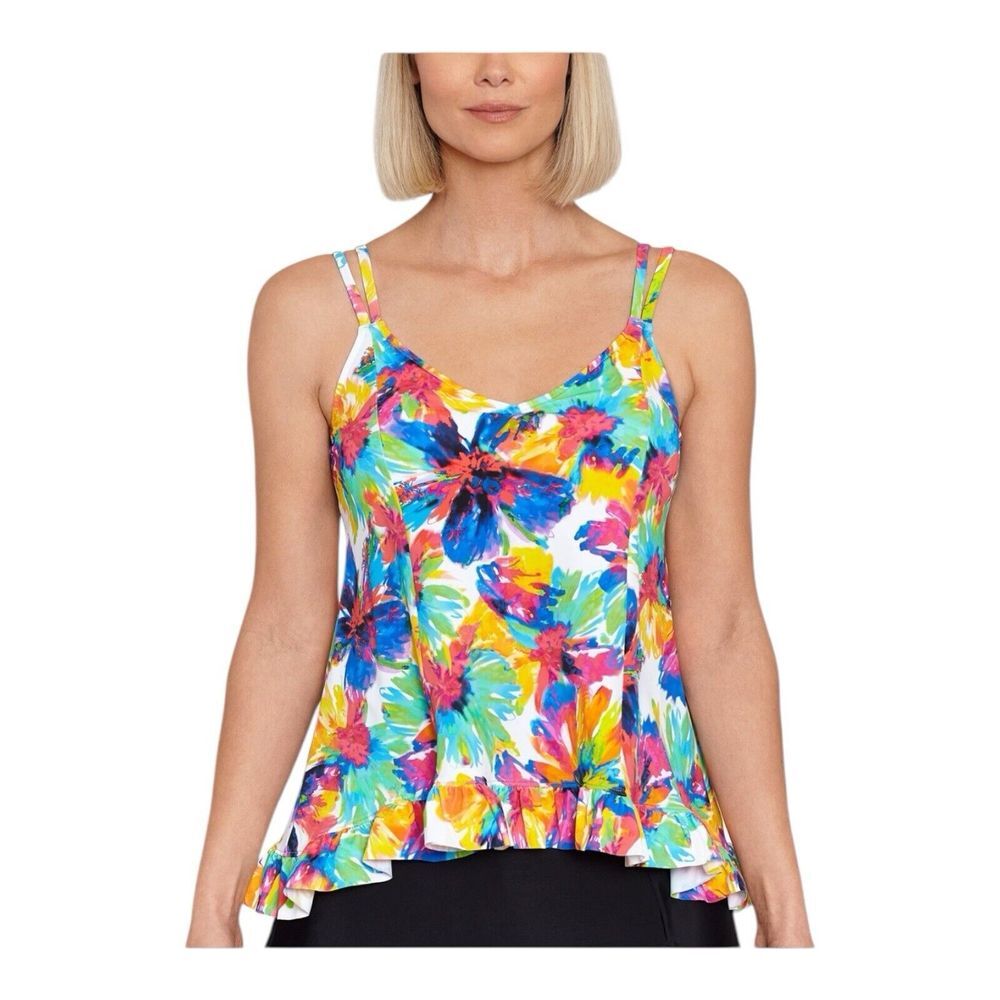 Swim Solutions Women's Triple Tier Printed Tankini‎ Top Swimwear Multi Size 16